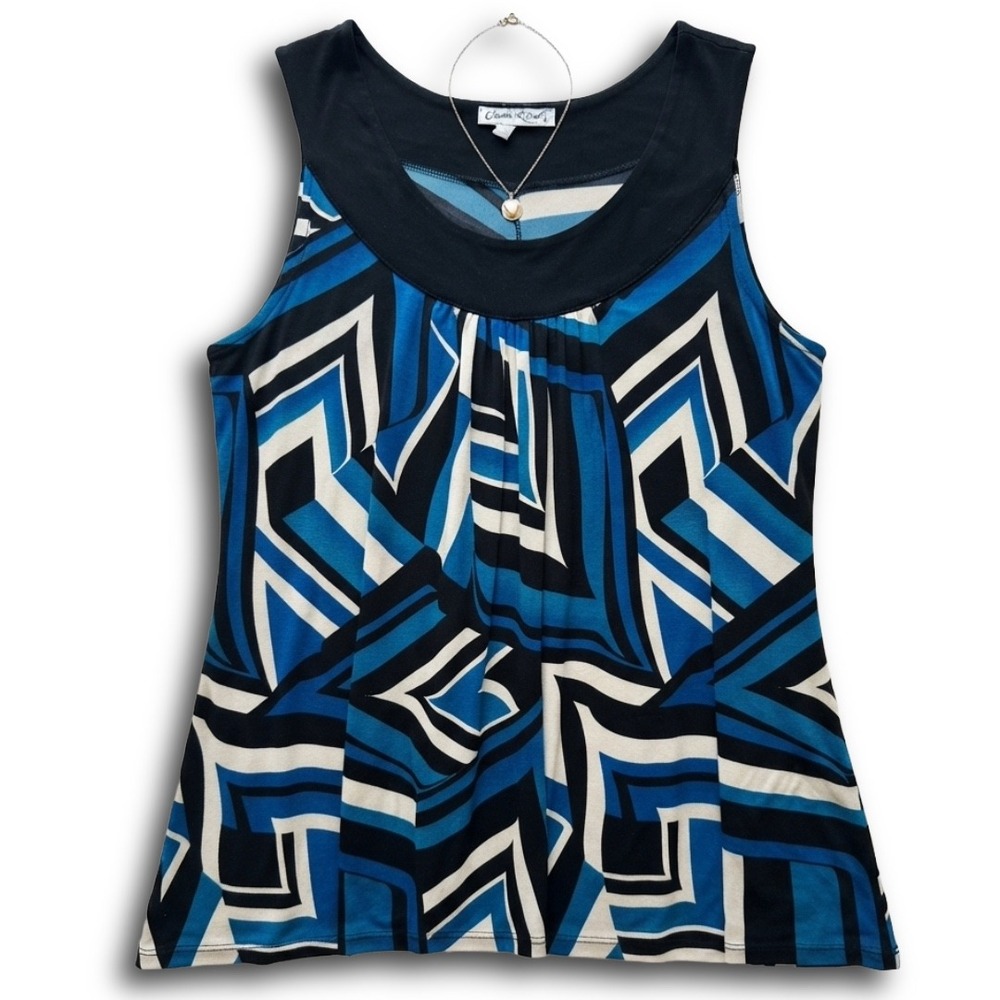 Claudia Richard Women Blue Black Geometric Abstract Print Sleeveless Tank Top 2X